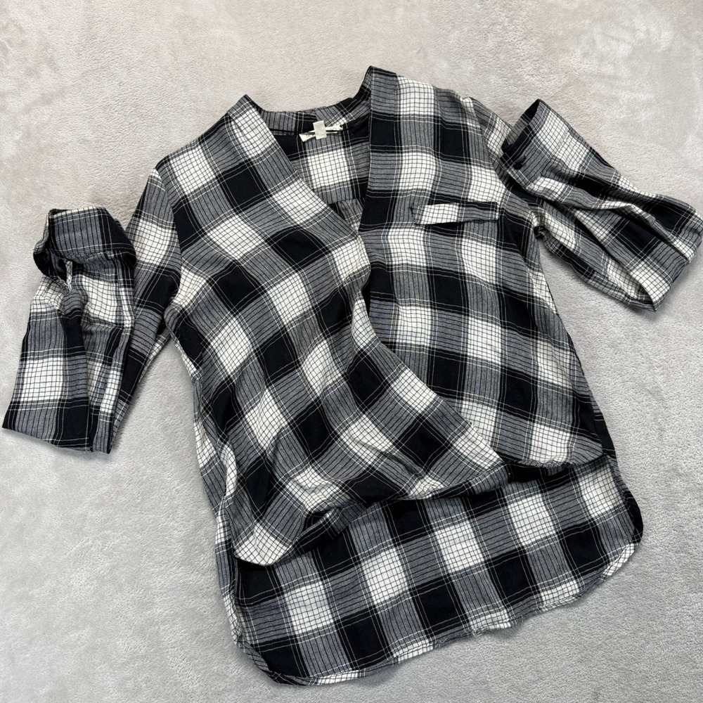 Double Zero Shirt Women's Medium Wrap Blouse Black White Plaid Surplice High Low